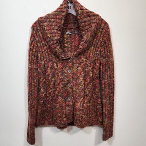 Prana open cable knit button front cowl collar neckline woman's size medium